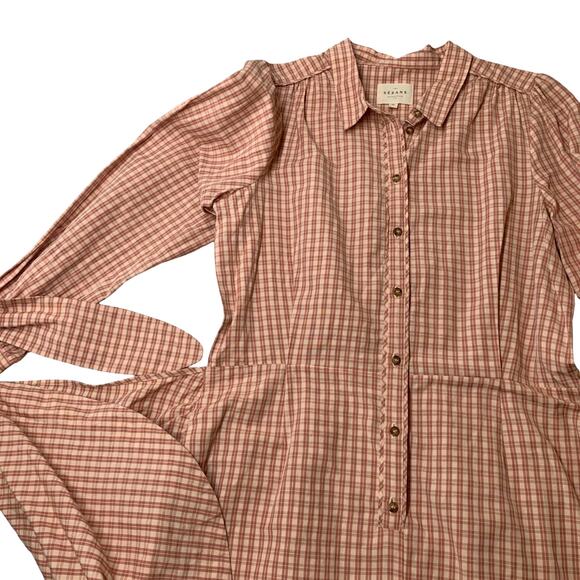 Sezane Jamy Linen Check Shirt Dress Faux Wrap Women 42 Pink Plaid Long Sleeve - Picture 7 of 16